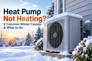 Frost covering a heat pump outdoor unit during an Ontario winter, illustrating a heat pump not heating properly
