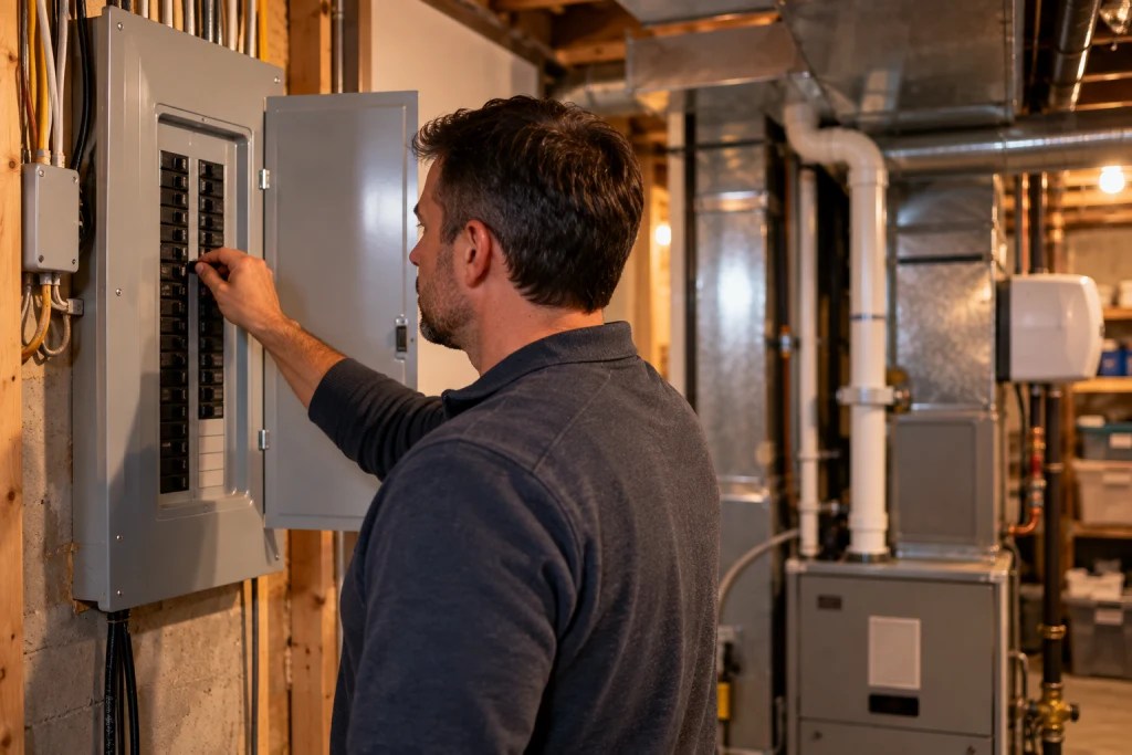 Homeowner checking the electrical breaker panel before calling for emergency furnace repair
