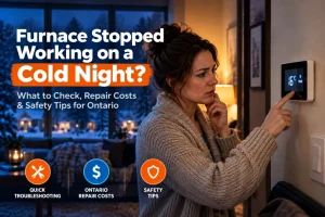 Homeowner in a sweater checking a thermostat at night after the furnace stopped working during a cold snap