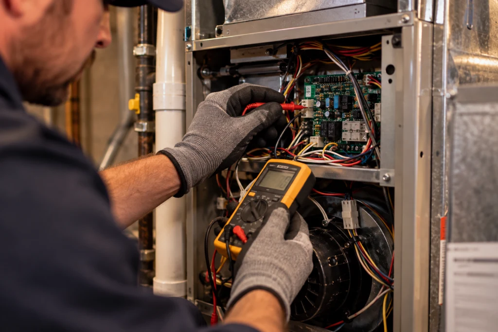 HVAC technician using a multimeter to diagnose a furnace control board during an emergency repair visit
