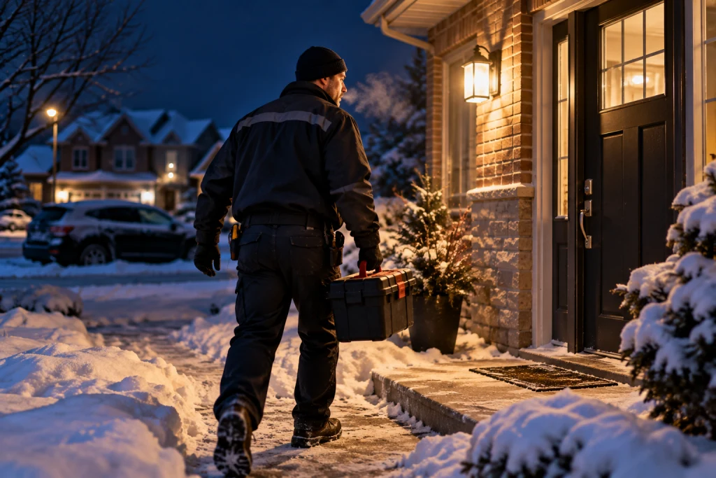 HVAC technician arriving with a toolbox for an after-hours emergency furnace repair call in Ontario