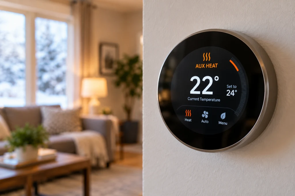 Smart thermostat display showing the auxiliary heat indicator during a heat pump defrost cycle